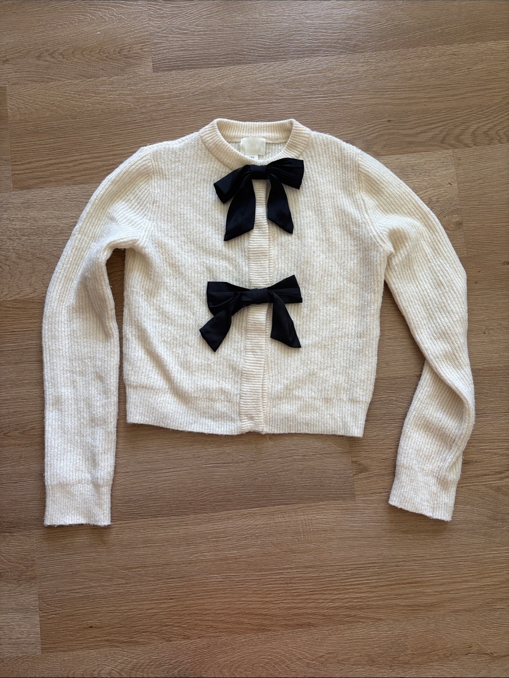 Ivory Knit Sweater Cardigan with Black Bow Details